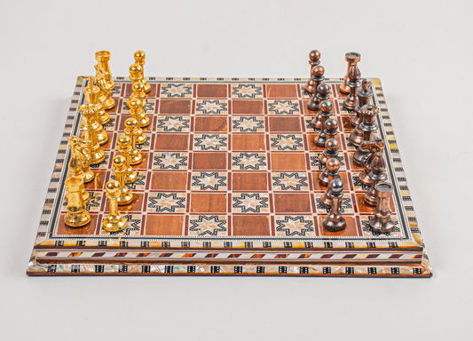 Brown board chess with pieces