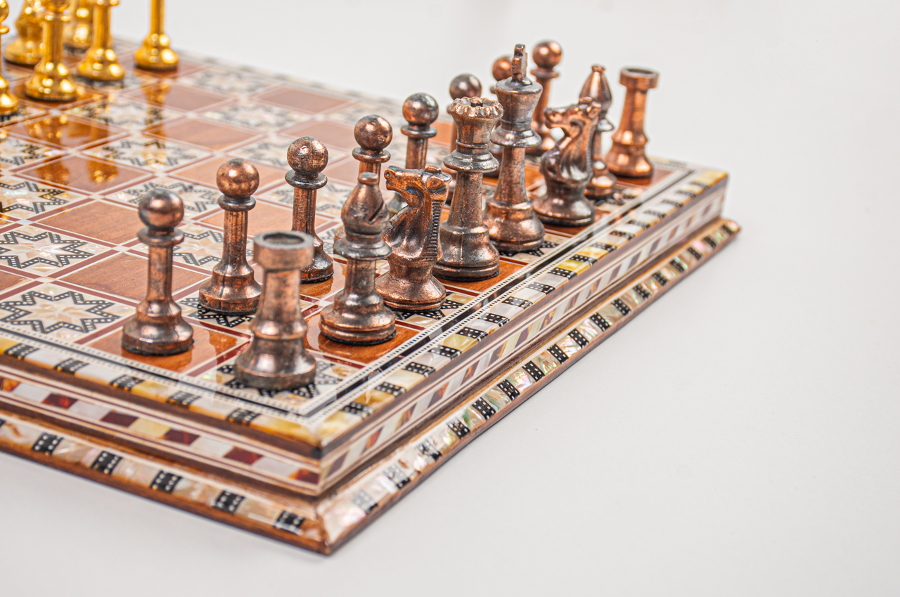 Brown board chess with pieces