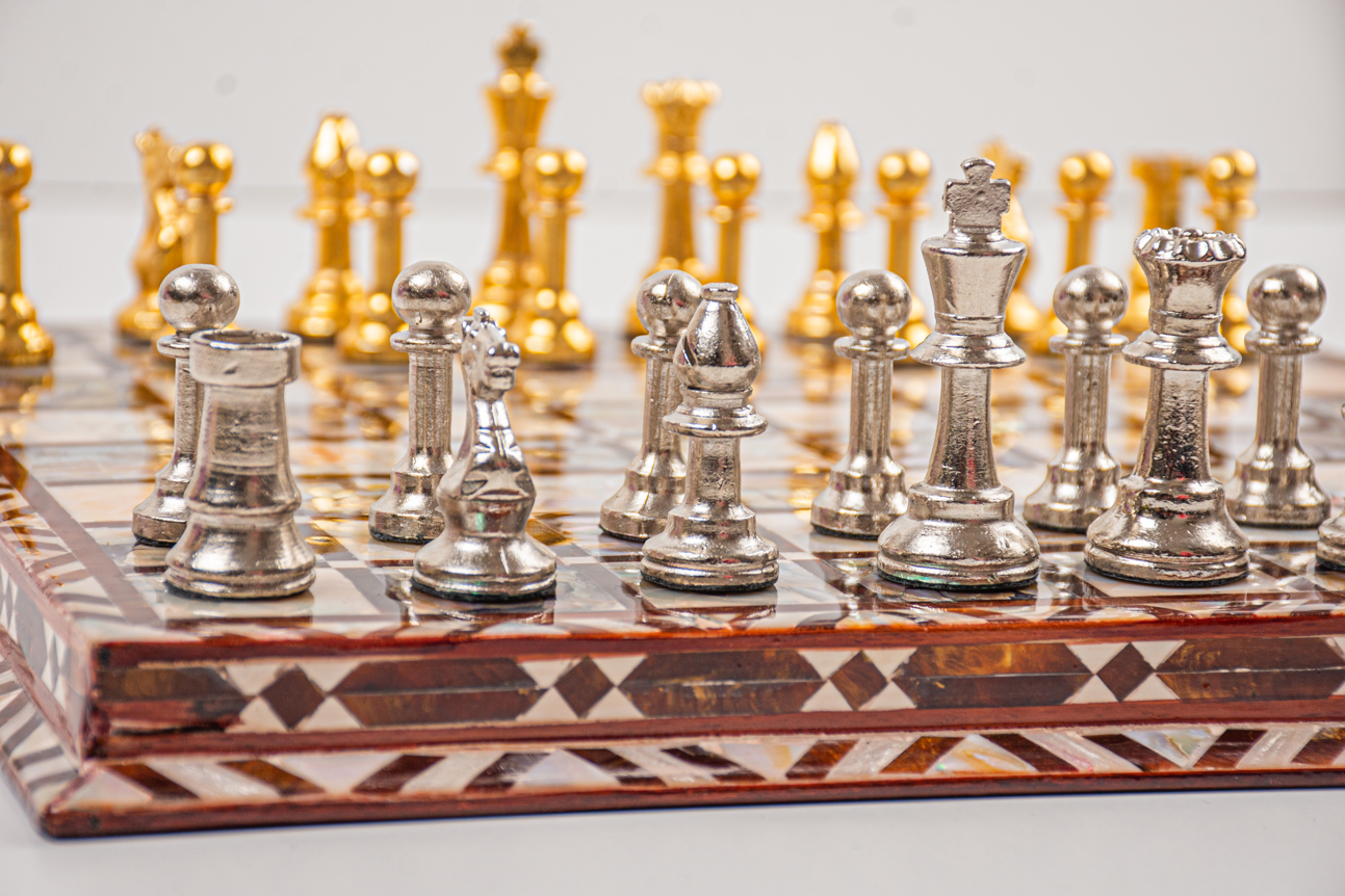 Brown board chess with pieces