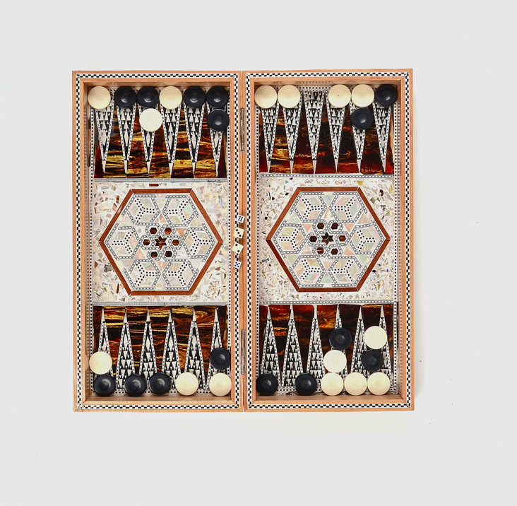 Handmade Beige Wood/Seashell Backgammon (Tawla)