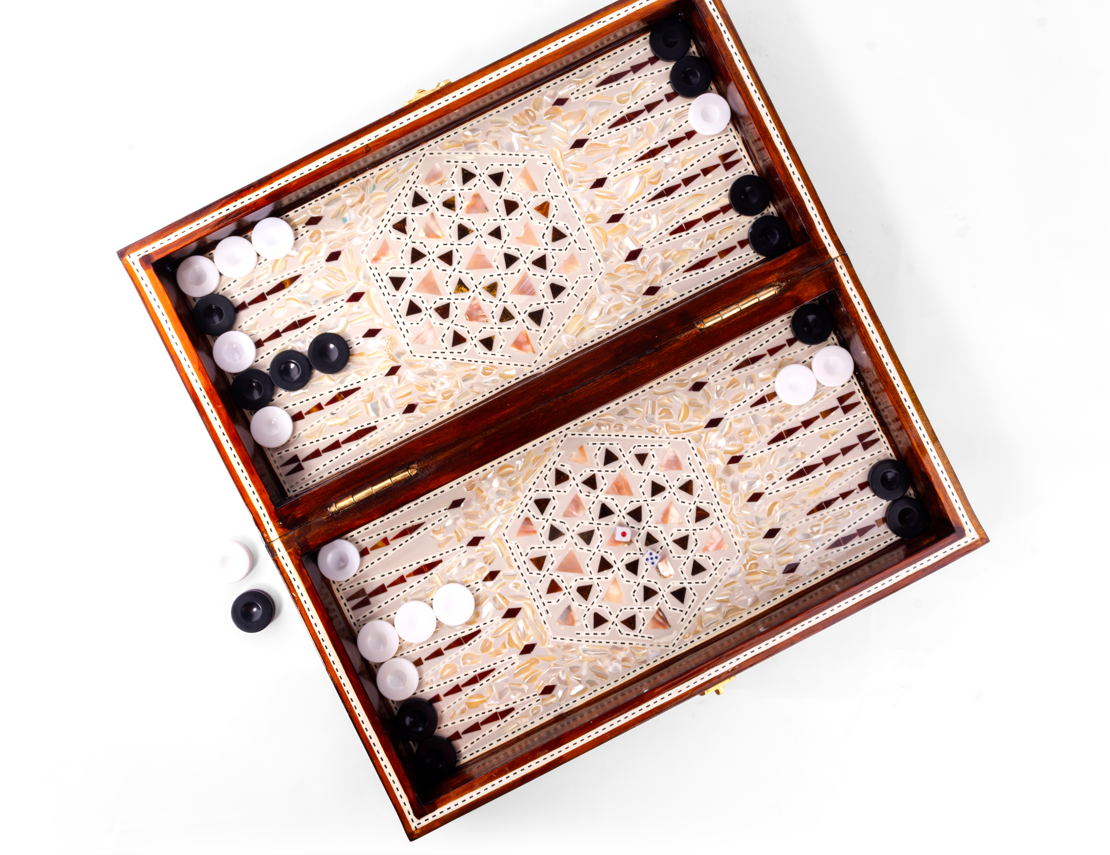 Handmade Brownish Wood/Seashell Backgammon (Tawla)