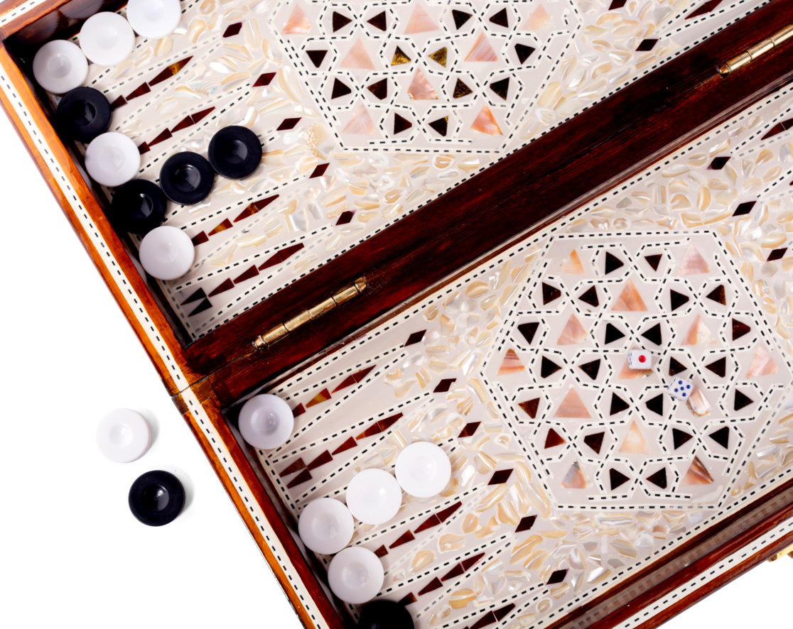 Handmade Brownish Wood/Seashell Backgammon (Tawla)